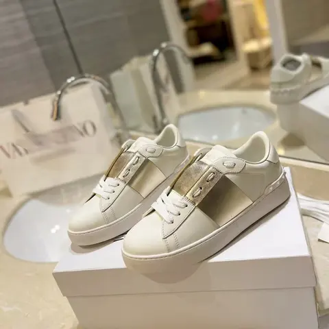 Valentino White Leather Sneakers with Gold Stripe