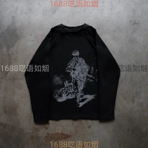 Black Long Sleeve T-Shirt with Soldier Graphic Print