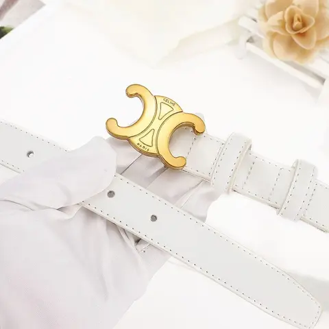 Celine Paris White Leather Belt with Gold Logo Buckle