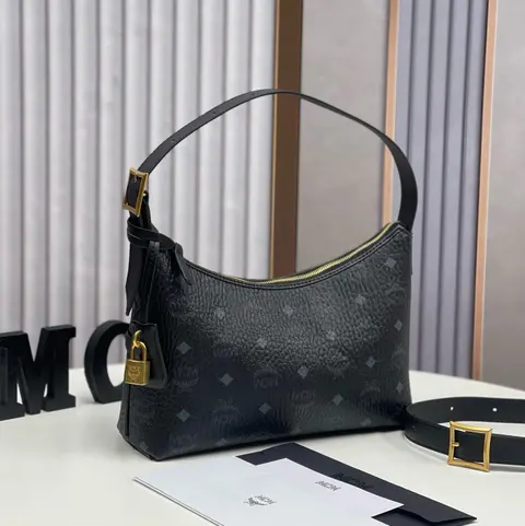 MCM Black Monogram Shoulder Bag with Gold Hardware