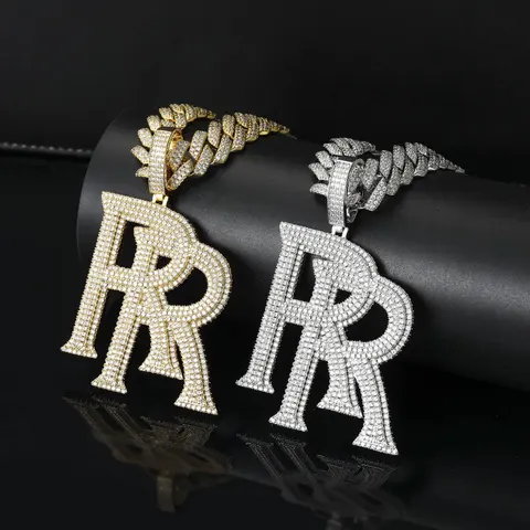 Iced Out Letter R Pendant Necklace Set - Gold and Silver