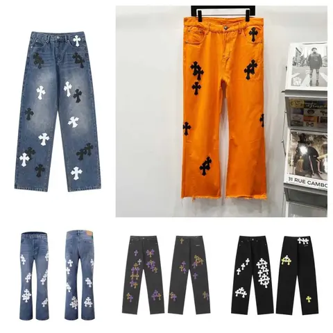 Cross-Embroidered Denim Pants Collection