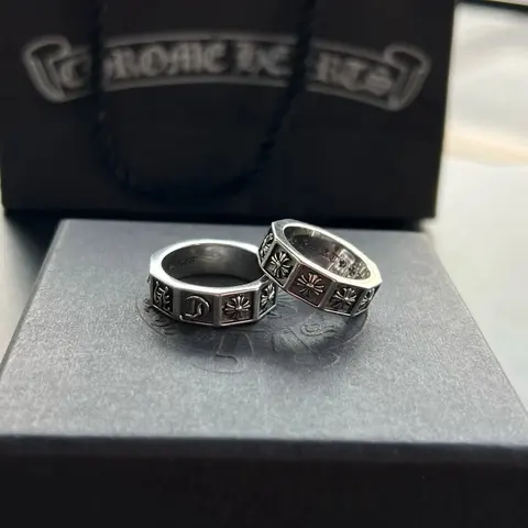Chrome Hearts Silver Rings with Floral and Logo Engraving