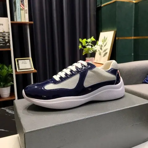 Blue and White Mesh Sneakers with Patent Leather Accents