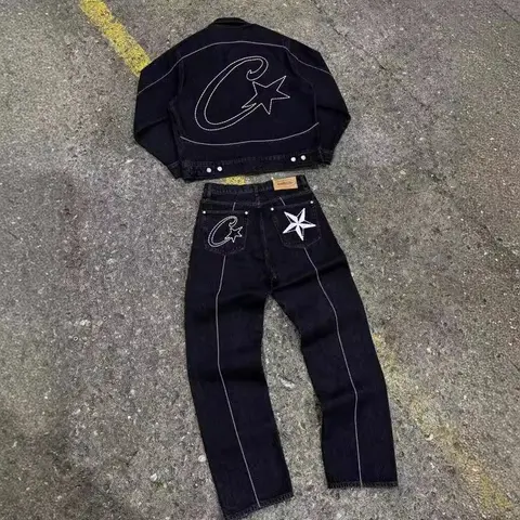 Celine Black Denim Jacket and Jeans Set with Star and C Logo Embroidery
