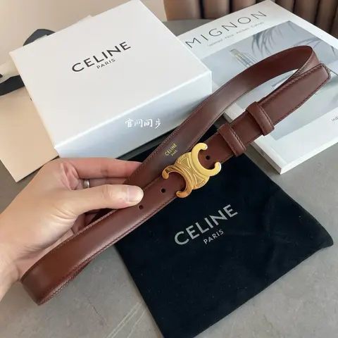 Celine Paris Brown Leather Belt with Gold-tone C Logo Buckle