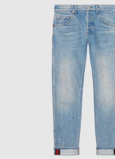 Gucci Light Blue Slim Fit Jeans with Web Stripe