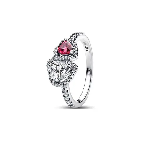 Sterling Silver Ring with Triangular Red and Clear Gemstones