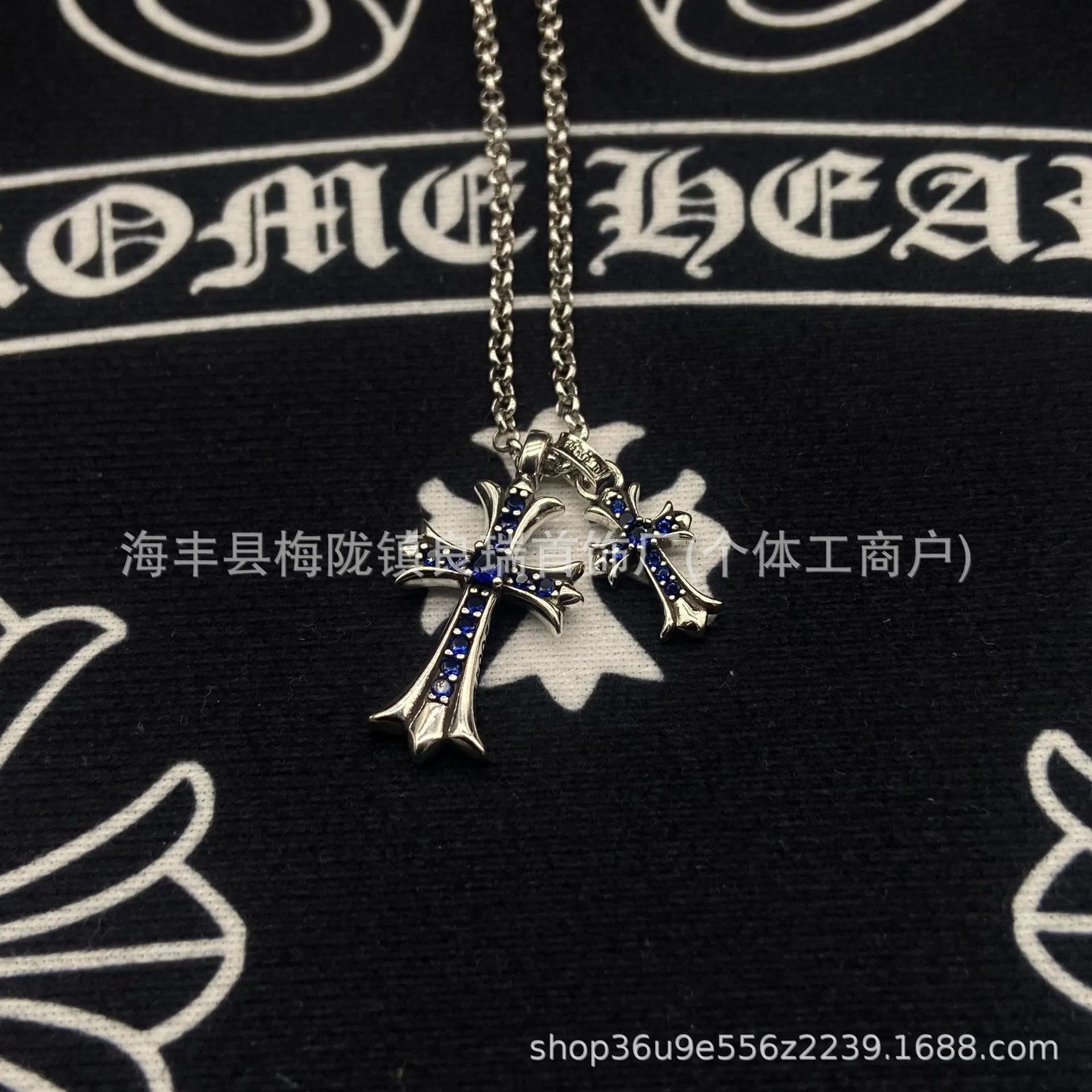 复古银双十字架-深蓝钻