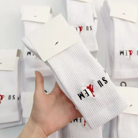 White Crew Socks with 'WJEM' Logo and Red Design