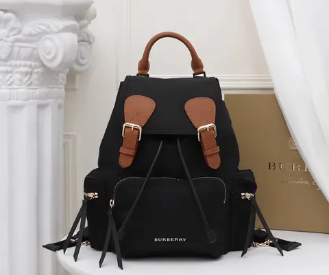 Burberry Black Canvas Backpack with Tan Leather Accents