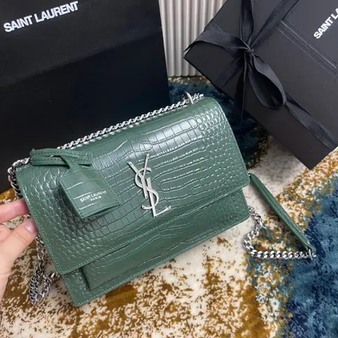 Saint Laurent Green Crocodile-Embossed Crossbody Bag
