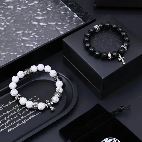 Black and White Beaded Bracelets with Cross Charms