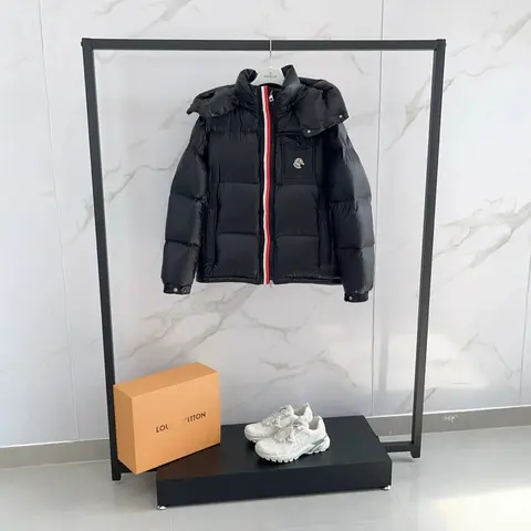 Moncler Black Puffer Jacket with Red and White Zip