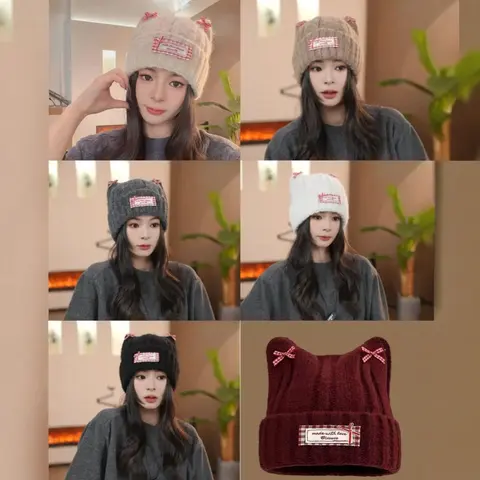 Cat Ear Knit Beanie Hat with Bow and Patch Design