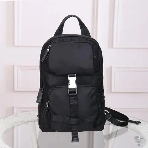 Black Compact Backpack with Front Zipper and Buckle Closure