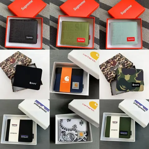 Collage of Supreme, BAPE, Carhartt, and Patagonia Branded Wallets