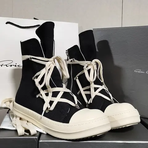 Rick Owens Black High-Top Sneakers with Cream Laces and Platform Sole