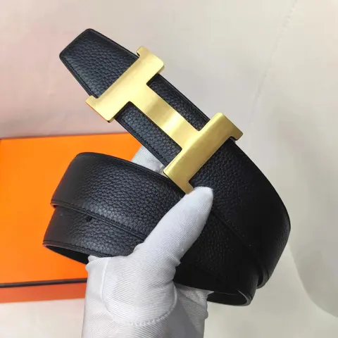 Hermès Black Leather Belt with Gold H Buckle