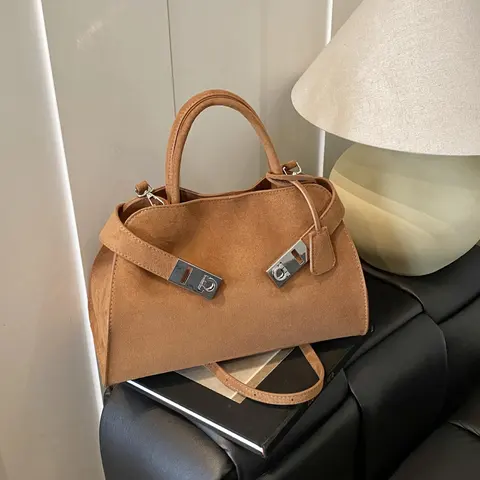 Suede Tan Handbag with Metal Clasp Detail