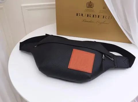 Burberry Black Leather Belt Bag with Orange Monogram Patch