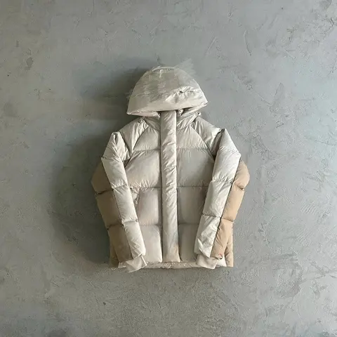 Beige and Cream Color-Block Puffer Jacket with Hood