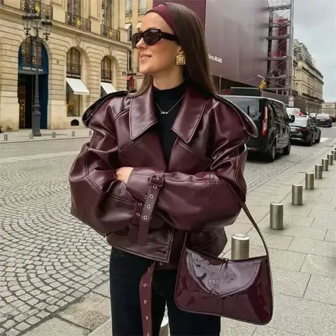 Burgundy Leather Biker Jacket with Matching Bag