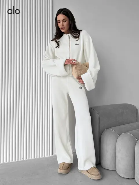 alo Yoga Ribbed Knit Sweatshirt and Wide Leg Pants Set