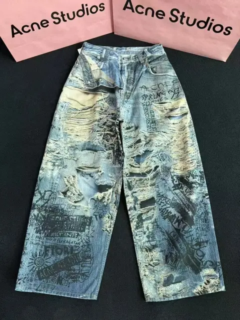 Acne Studios Graffiti Print Distressed Denim Jeans