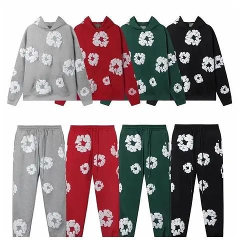 Floral Pattern Hoodie and Jogger Set - Gray, Red, Green, Black