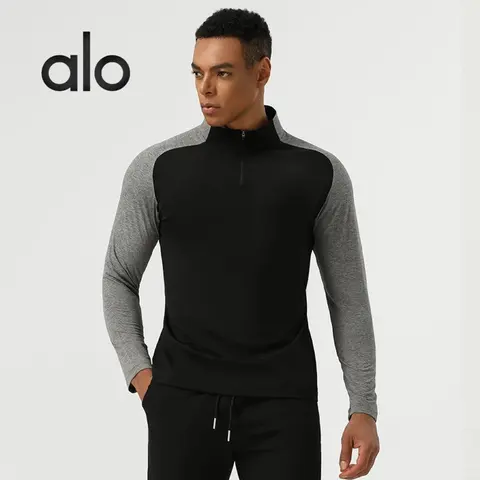 alo Men's Black and Gray Half-Zip Performance Top