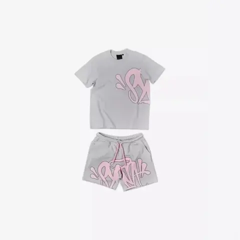 Gray and Pink Graffiti Print T-Shirt and Shorts Set