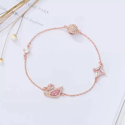 Rose Gold Swan Bracelet with Pink Crystal and Diamond Accents