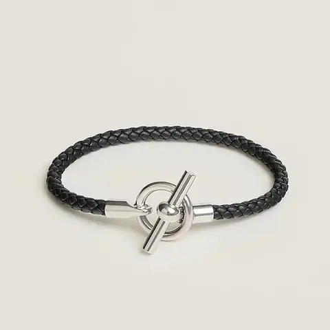 Black Braided Leather Bracelet with Silver T-Bar Clasp