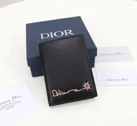 Dior Black Leather Card Holder with Embroidered Logo