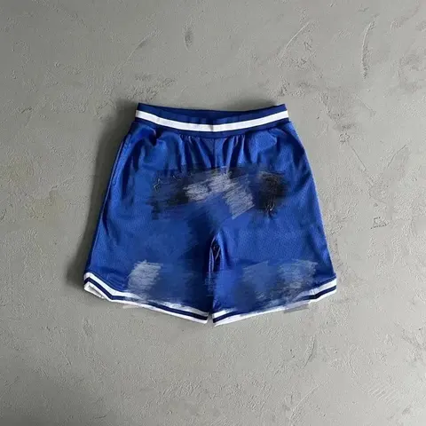 Blue Mesh Athletic Shorts with White Trim