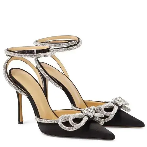 Black Crystal-Embellished Ankle Strap Heels with Bow Detail