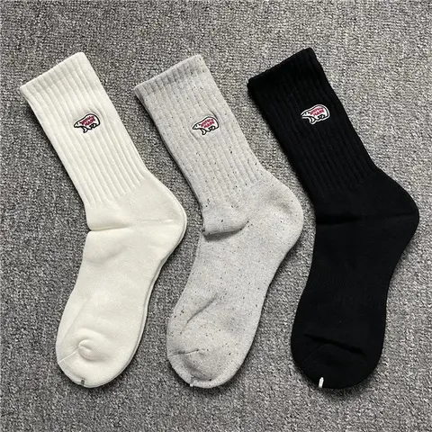Polar Bear Embroidered Mid-Calf Cotton Towel-Bottom Socks for Men and Women