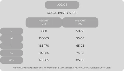 Lodge Kog Advised Sizes Chart