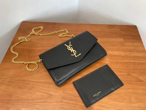 Saint Laurent Black Leather Wallet with Gold Chain and Cardholder