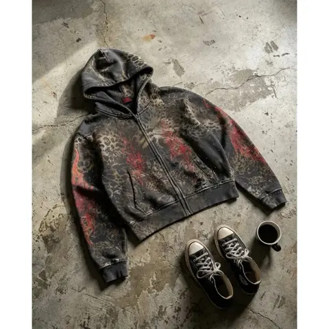 Leopard Print Zip-Up Hoodie with Red Accents