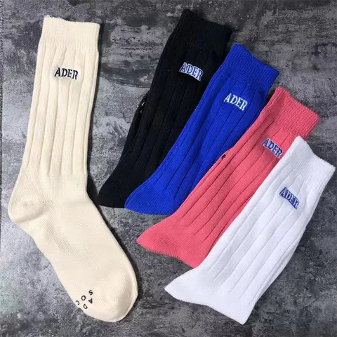 Embroidered Logo Mid-Calf Socks - Solid Color, Chunky Knit, Letter Design, Unisex