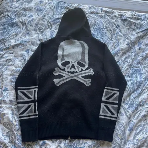 Black Knit Hoodie with Skull and Crossbones Design