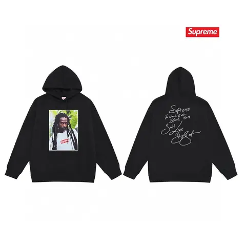 Supreme Black Hoodie with Portrait and Signature Print