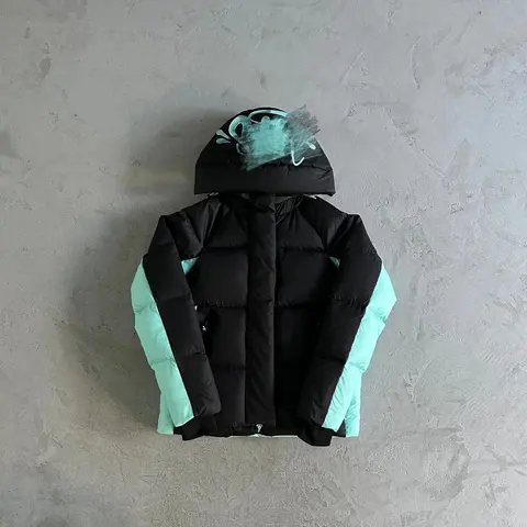Black and Mint Green Puffer Jacket with Hood