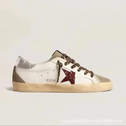 Golden Goose B/Star White Sneakers with Red Star and Leopard Laces