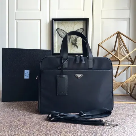 Prada Black Nylon Briefcase with Leather Trim
