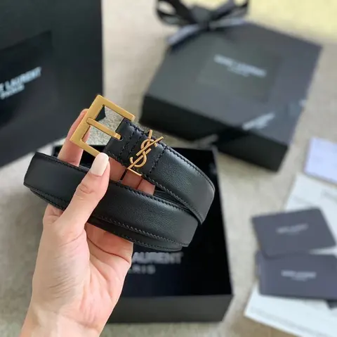 Saint Laurent Black Leather Belt with Gold-tone YSL Logo Buckle