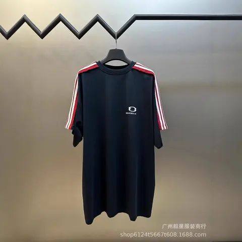 Balenoja Black T-Shirt with Red and White Striped Sleeves