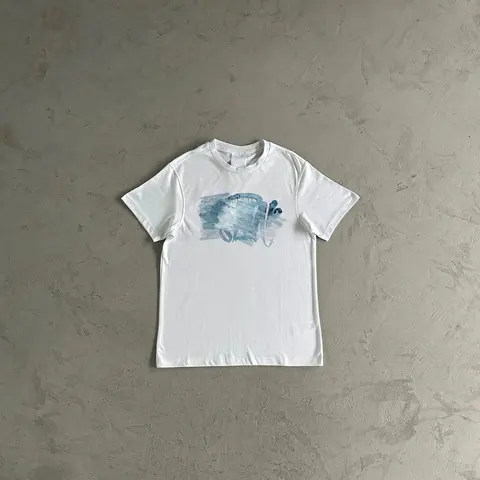 White T-Shirt with Blue Abstract Shark Graphic